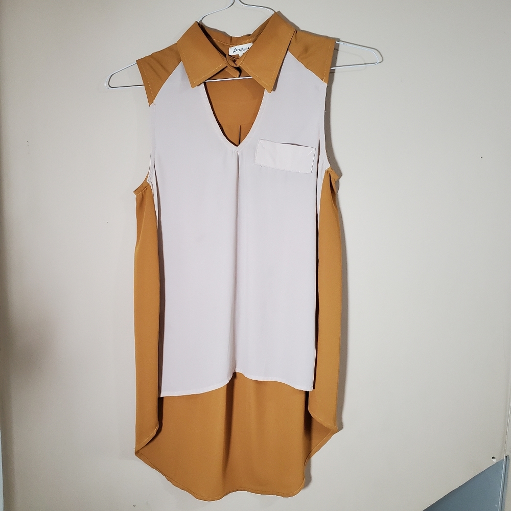 Love Riche mustard yellow and creme colorblocked long button up